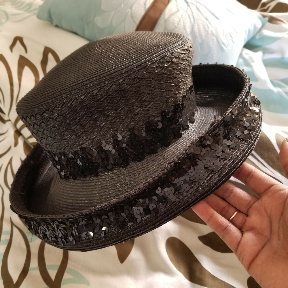 Black Sequined Straw Hat